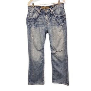 BKE 32x28 Derek Distressed Destroyed Jeans, Back Flap Pockets, Embroidery, Logo